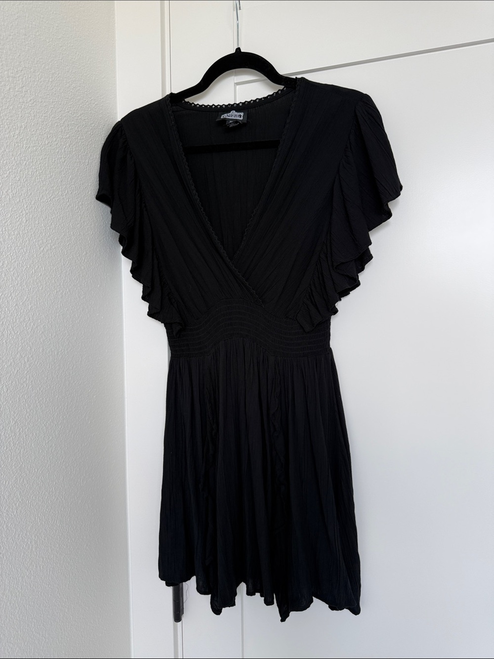 Angie Black V-Neck Flutter-Sleeve Dress